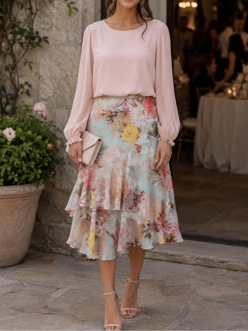 Vince Camuto Outfit Shirt & Midi Skirt M 10 Pink Floral Chiffon Fairy Party Tea
